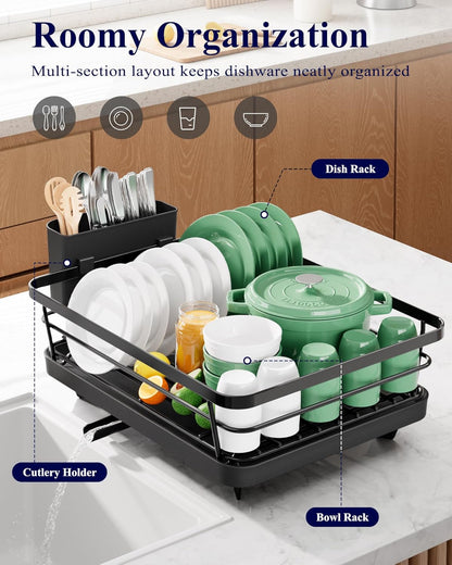 Kitsure Dish Drying Rack for Kitchen Counter, Stainless Steel Sink Organization and Storage Essentials with Cutlery Holder, Home and Appartment Decor, 12''W x 15.5''L, Black