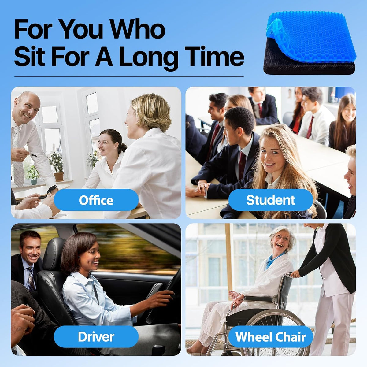 Gel Seat Cushion, Cooling seat Cushion (Super Large & Thick), Breathable Honeycomb Design Absorbs Pressure Points Seat Cushion, Gel Cushion for Office Chair, Home Car seat Cushion for Wheelchair