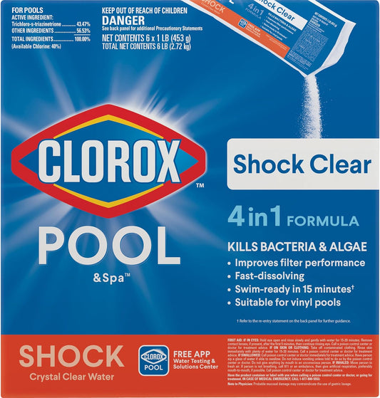 Clorox® Pool&Spa™ Shock Clear, for Crystal Clear Swimming Pool Water, Swim-ready in 15 minutes, Suitable for vinyl pools (6-Pack)