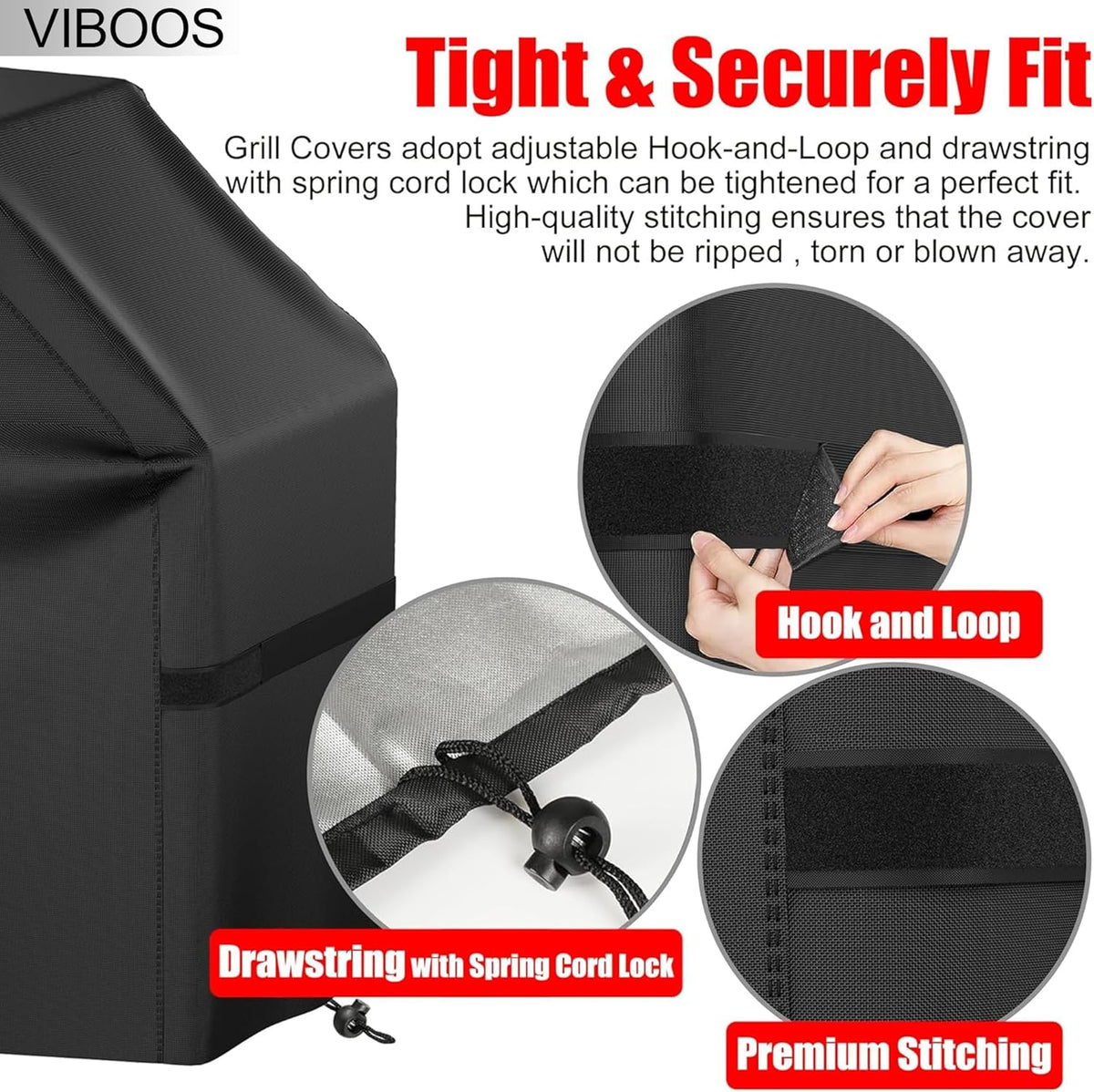 Grill Cover, 58 inch BBQ Gas Grill Cover for Outdoor Grill, Waterproof, Anti-UV, Rip-Proof, Fade Resistant Material, Barbecue Cover with Hook-and-Loop Straps & Adjustable Hem Drawstring, Black