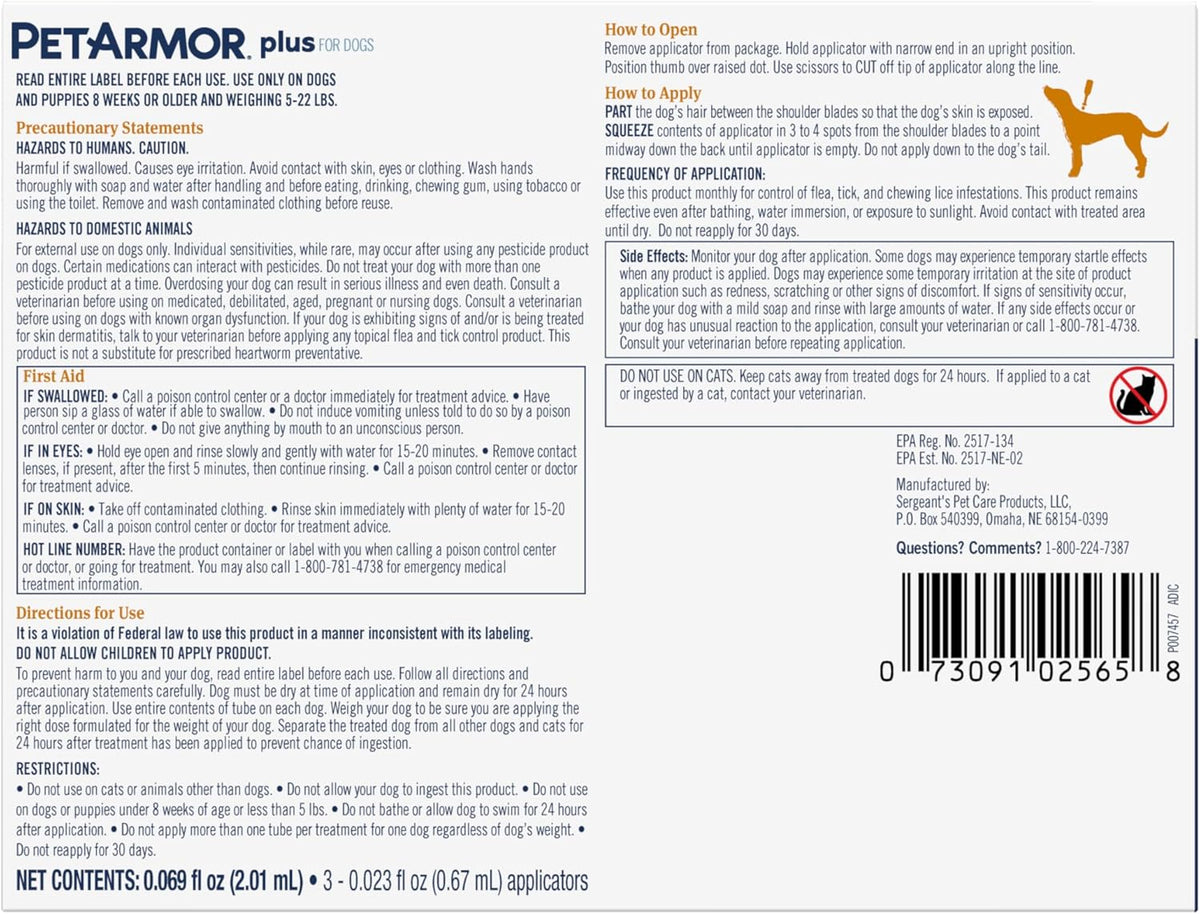 PetArmor Plus Flea and Tick Prevention for Dogs, Small Dog Flea and Tick Treatment, 3 Doses, Waterproof Topical, Fast Acting (5-22 lbs)