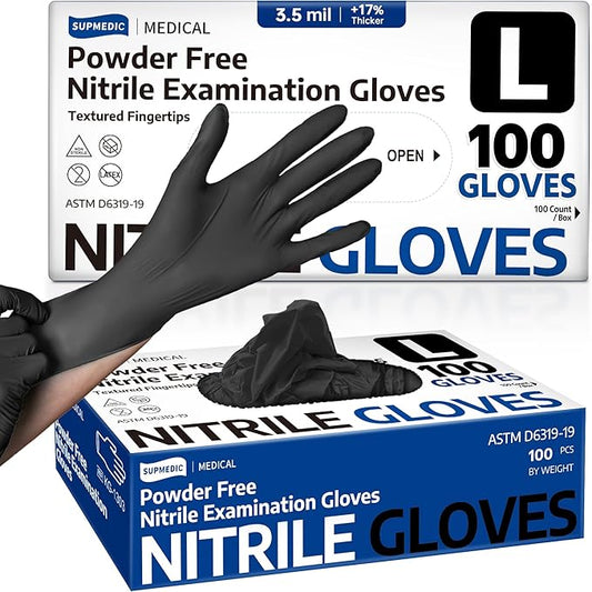 Supmedic Medical Soft Max™ Black Nitrile Disposable Gloves, 100 Pcs, Latex-Free & Powder-Free Food Safe Food Prep Exam Gloves