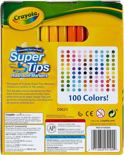Crayola Super Tips Marker Set (100ct), Fine Point Washable Markers, Drawing Markers for Kids & Adults, Create Thick & Thin Lines, Art Supplies, Ages 3+