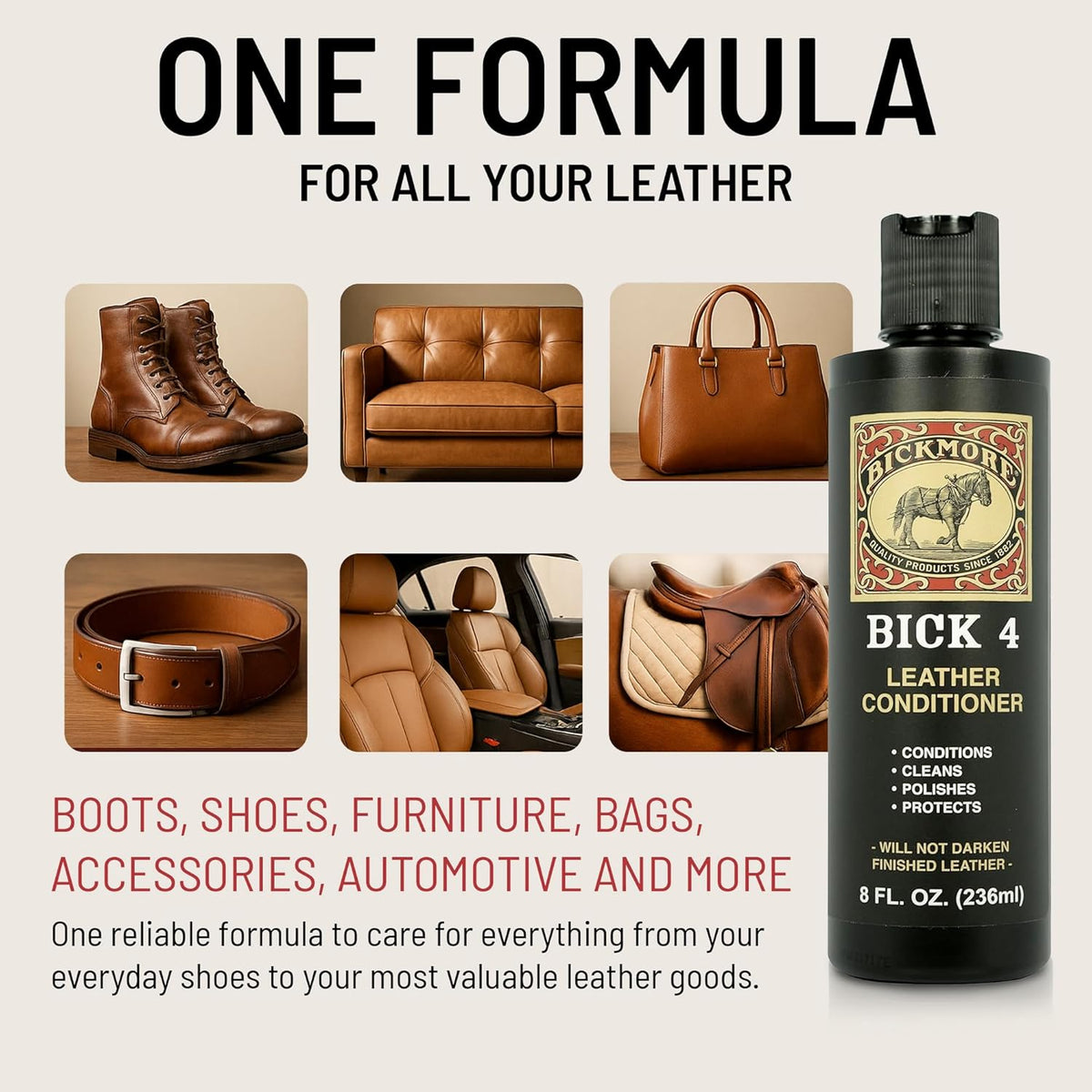 Bickmore Bick 4 Leather Conditioner 8 oz - Cleaner & Conditioner - Restore Polish & Protect All Smooth Finished Leathers
