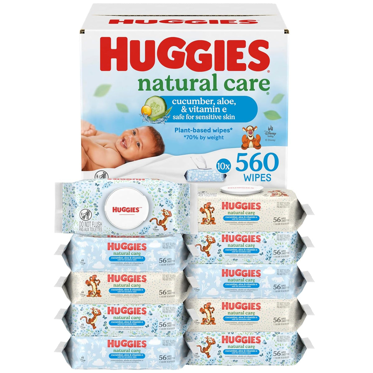 Huggies Natural Care Cucumber, Aloe and Vitamin E Baby Wipes, Hypoallergenic, Scented, 10 Flip-Top Packs (560 Wipes Total), Packaging May Vary