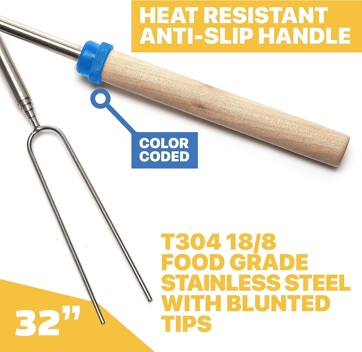 MalloMe Smores Sticks for Fire Pit Long - Marshmallow Roasting Sticks Smores Kit - Smore Skewers Hot Dog Fork Campfire Cooking Equipment, Camping Essentials S'mores Gear Outdoor Accessories 32" 5 Pack