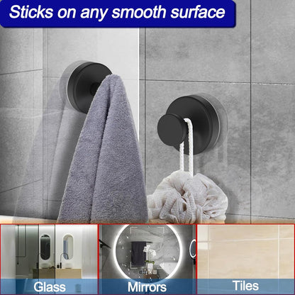 Bntuk Suction Cup Hooks for Shower, Removable Towel Hooks for Bathroom Window Glass Door Wall, Bath Robe Looafh Wreath Hook for Hanging - 2 Pack, Black