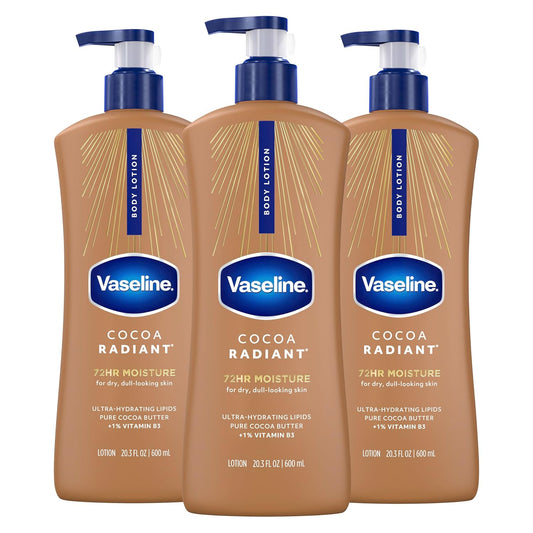 Vaseline Intensive Care Body Lotion Cocoa Radiant 3 count for Dry Skin Lotion Made with Ultra-Hydrating Lipids and Pure Cocoa Butter for a Long-Lasting, Radiant Glow 20.3 Oz