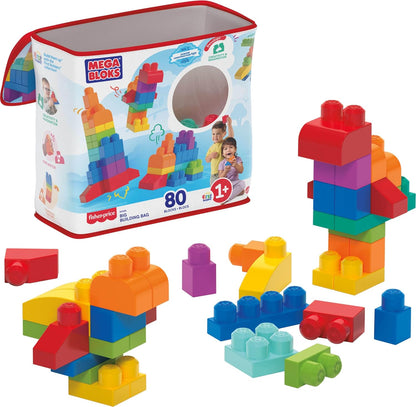 MEGA BLOKS First Builders Toddler Blocks Toys Set, Big Building Bag with 80 Pieces and Storage, Blue, Ages 1+ Years