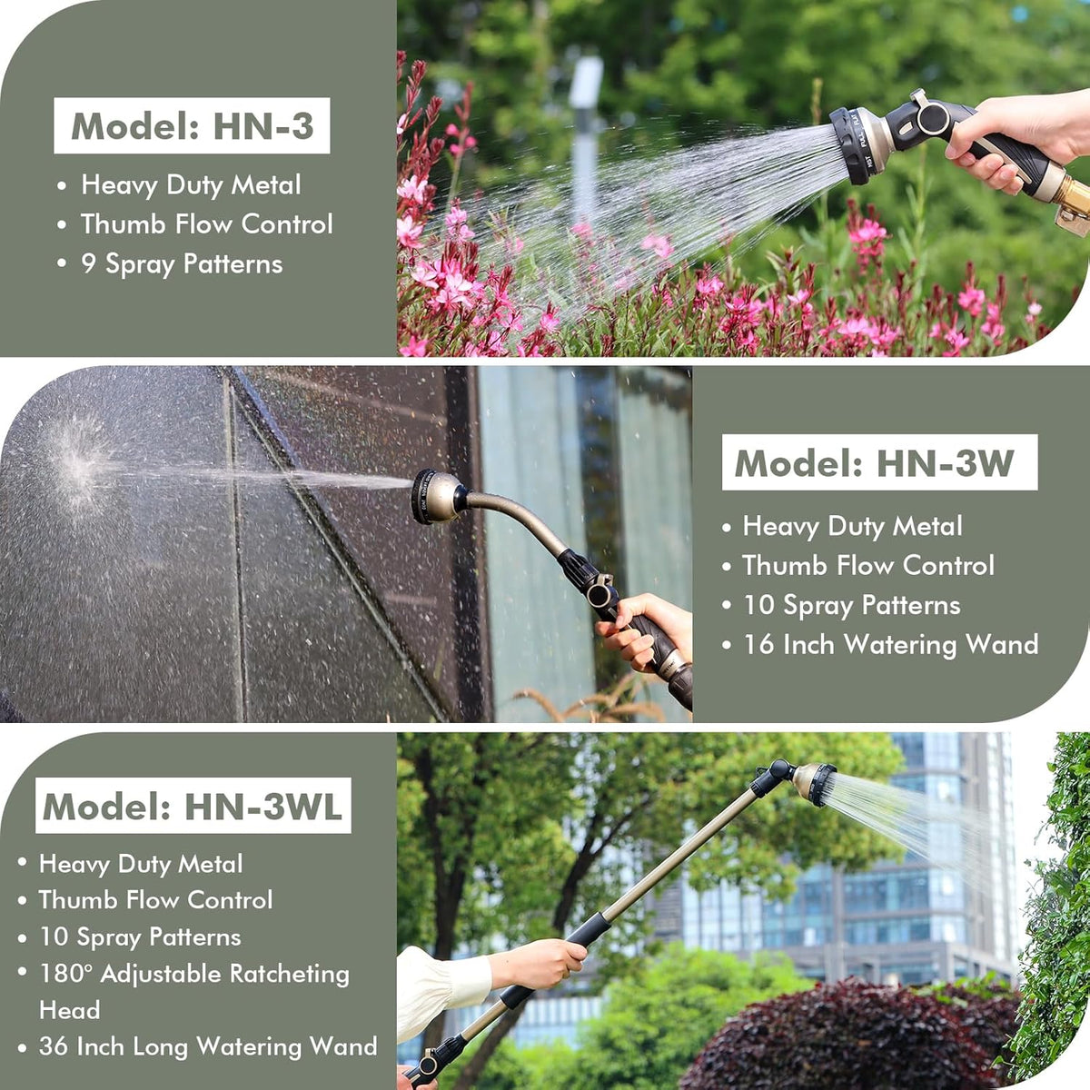 RESTMO Watering Wand Heavy Duty, Metal Garden Hose Wand with 10 Spray Patterns, 15-Inch Long Hose Nozzle Sprayer with Thumb Flow Control, Ideal to Water Hanging Baskets and Shrubs