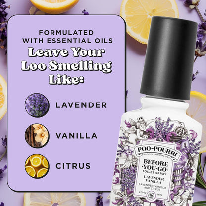 Poo-Pourri Before-You-Go Toilet Spray, Lavender Vanilla, 2 Fl Oz, Up to 100 Uses, Bathroom Odor Deodorizer with Essential Oils for Home or Work, Travel Essentials, TSA Approved Size