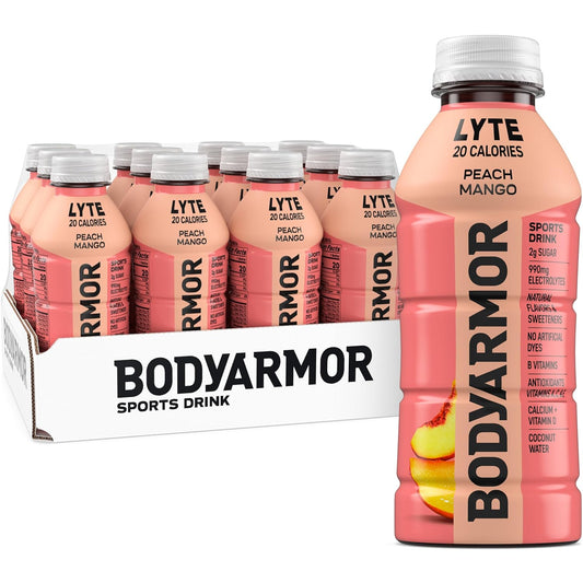 BODYARMOR LYTE, Peach Mango, Electrolyte Drink, 20 Calories, 16 Fl Oz Bottles (12 Pack), Coconut Water Sports Drink, Natural Flavor & B Vitamins