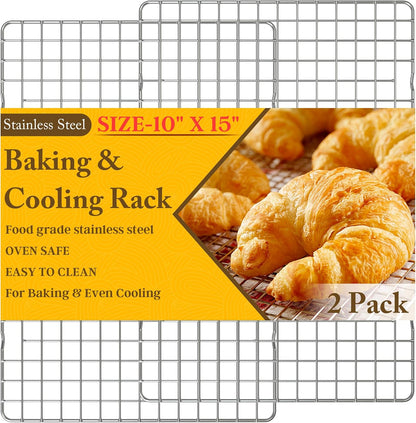 2PCS Cooling Racks for Cooking and Baking - 10" x 15"Heavy Duty Stainless Steel Wire Rack for Baking, Grilling, Roasting - Oven & Dishwasher Safe - Fits Jelly Roll Sheet Pan-Silver