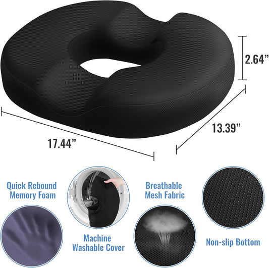 Donut Pillow Seat Cushion Chair Pad for Tailbone Pain Relief and Hemorrhoids, Memory Foam Seat Chair Cushion for Postpartum Pregnancy, Seat Cushions for Men and Women for Home & Office, (Black)