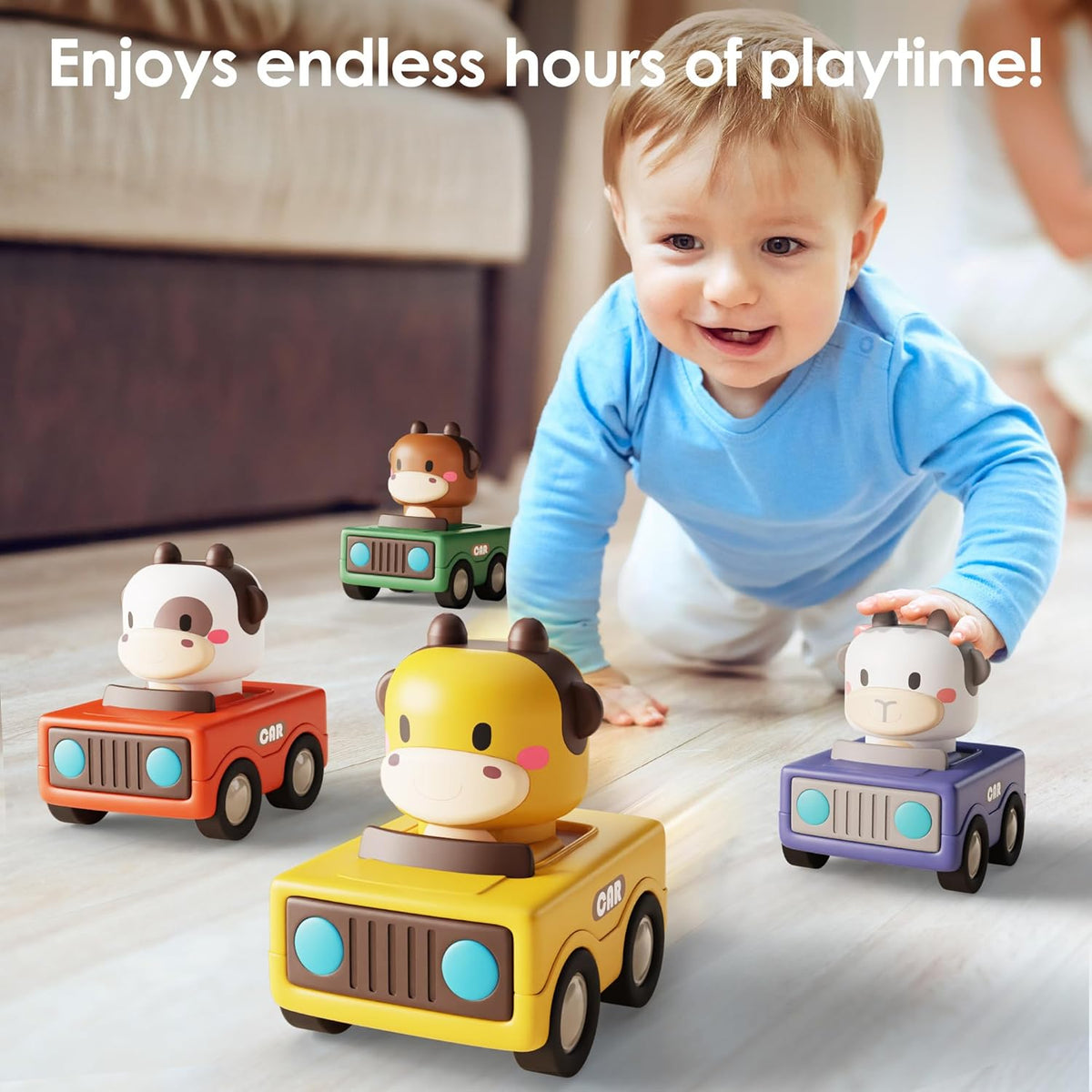 iPlay, iLearn Press to Go Car Toys for Toddlers 1-3, Baby Animal Racing Cars, Infant Play Vehicle Set, Baby Push Go Friction Car Toys for 6-9-12-18 Months, 1st Birthday Gifts for 1-2 Years Old Boys
