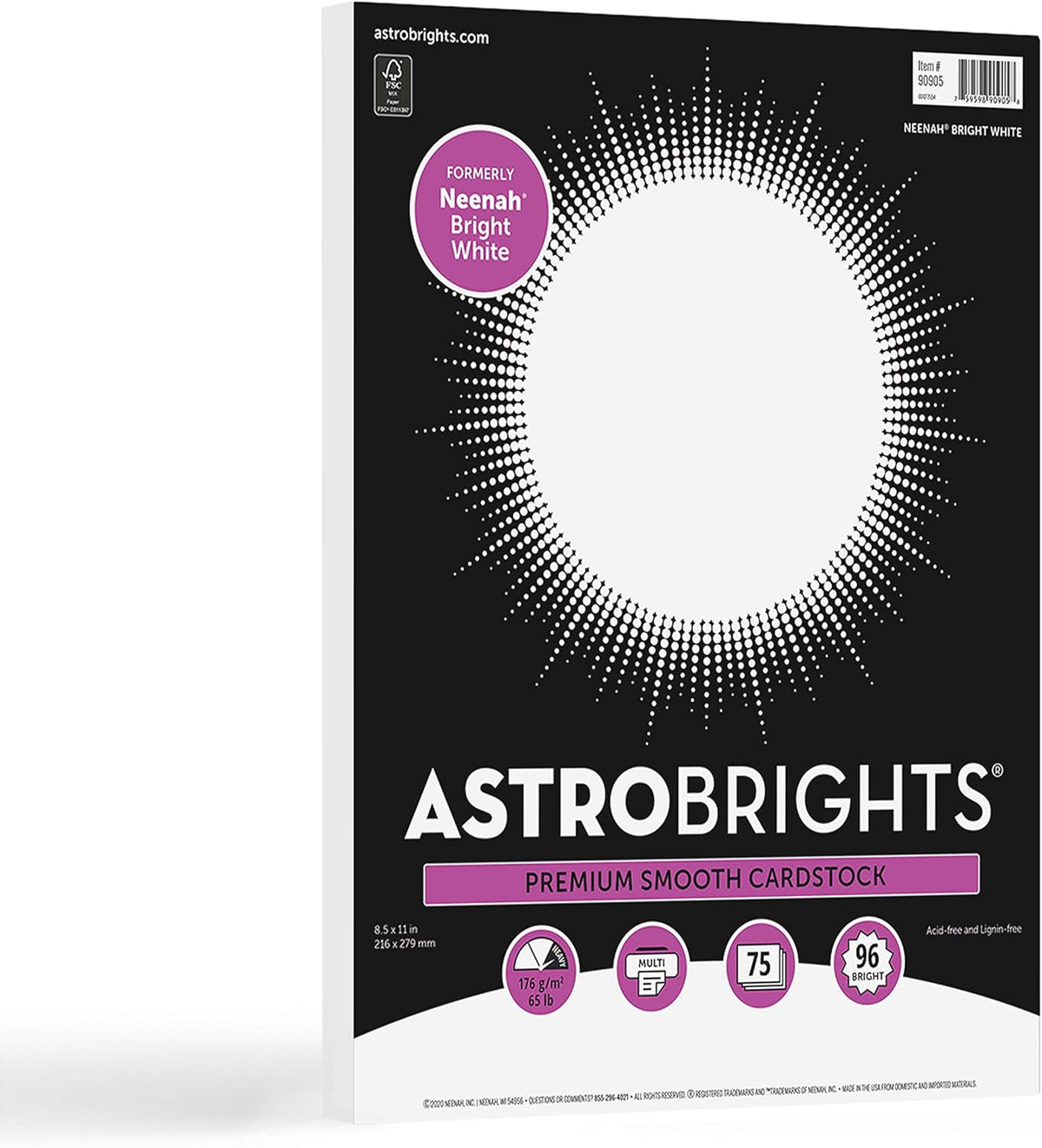 Astrobrights/Neenah Bright White Cardstock, 8.5" x 11", 65 lb/176 gsm, White, 75 Sheets (90905-02) - Packaging May Vary