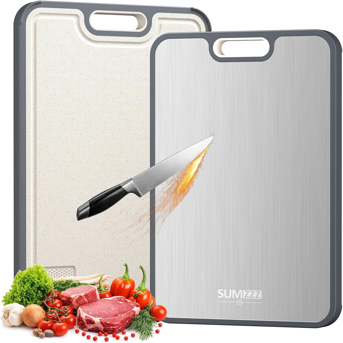 Sumzzz Titanium Cutting Board for Kitchen, Non Toxic 2-in-1 Cutting Board Double Sided Food Grade Pure Titanium, Knife Friendly Easy to Clean Large Size 15”×10.3”