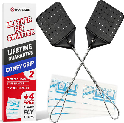 2 Leather Fly Swatter for Indoors. Long Handle, Heavy Duty Fly Swatter Manual Multi Pack. Flyswatters Heavy Duty Flyswatter 2 pack. Flies Swater Includes 4 Sticky Window Bug Traps. Mata Moscas Outdoor