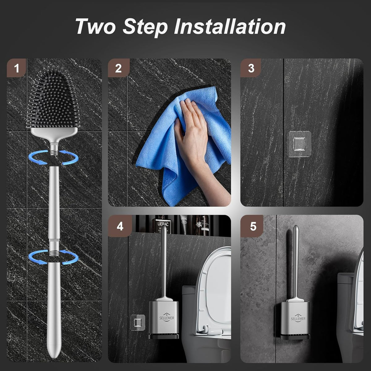 Sellemer Toilet Brush and Holder Set - Flexible Toilet Bowl Brush Head with Silicone Bristles, Compact Size for Storage and Organization, Ventilation Slots Base (1 Pack, Silver)