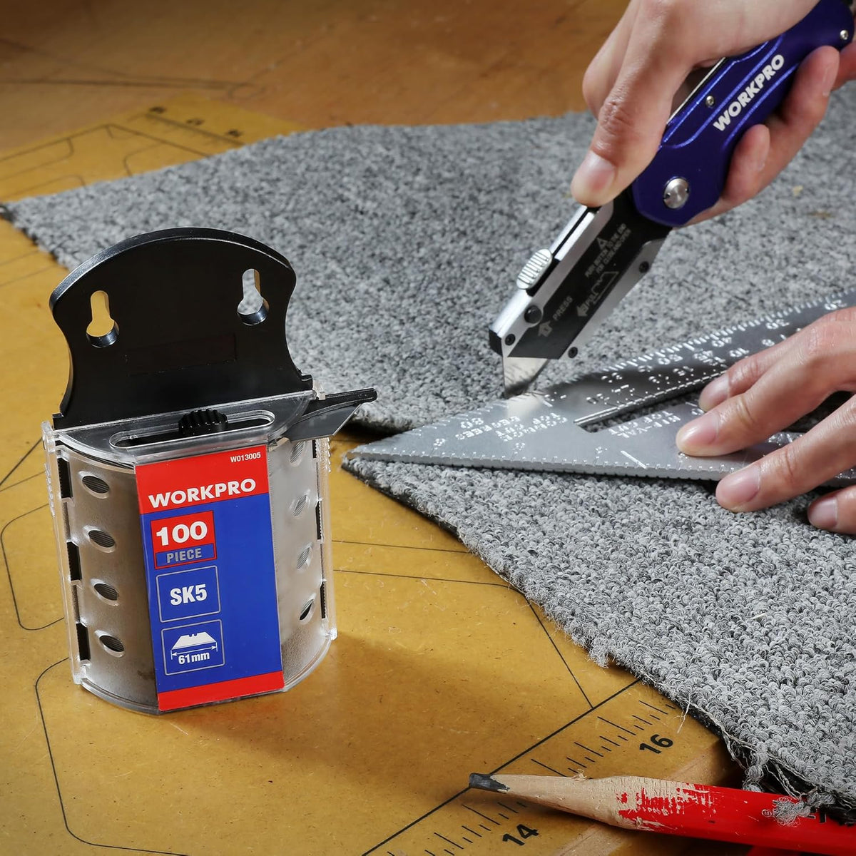 WORKPRO Utility Knife Blades, SK5 Steel, 100-Pack with Dispenser