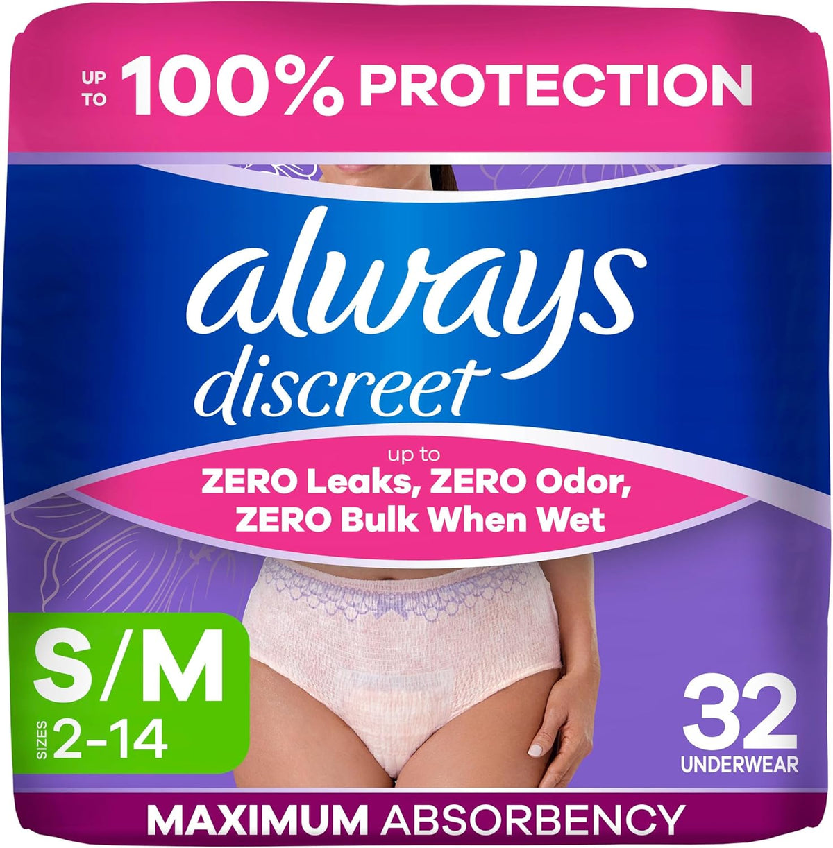 Always Discreet Adult Diapers for Women, Incontinence Underwear, Postpartum Essentials, Disposable Briefs, Max Absorbency, Bladder Leak Protection, Small/Medium, 32ct