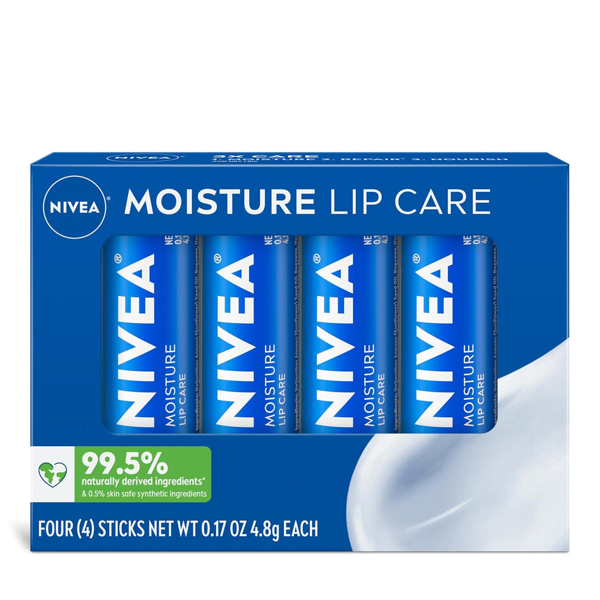 NIVEA Moisture Lip Care, Hydrating Lip Balm with Shea Butter, Nourishing Oils and Vitamin C & E, 3-in-1 Moisture, Repair and Nourish, 0.17 Oz Stick, Pack of 4