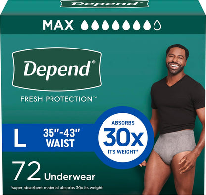 Depend Fresh Protection Adult Diapers, Incontinence Underwear for Men, Disposable, Maximum, Large, Grey, 72 Count (2 Packs of 36), Packaging May Vary