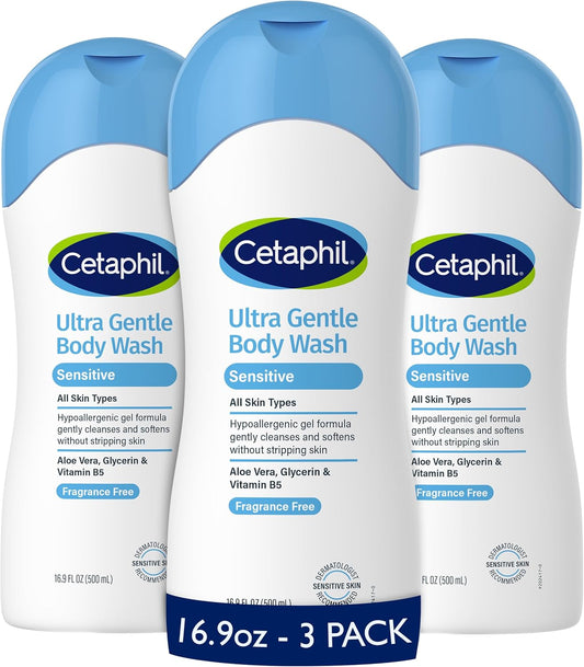 Cetaphil Ultra Gentle Body Wash, For Dry to Normal, Sensitive Skin, 16.9oz Pack of 3, Aloe Vera, Vitamin B5, Hypoallergenic, Paraben Free, Fragrance Free, Dermatologist Tested