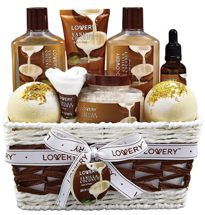 Gifts For Women Gift Basket for Women– 9 Piece Set of Vanilla Coconut Home Spa Set, Luxurious Gifts for Her, Bath and Body Sets Includes Fragrant Lotions, Large Bath Bombs, Coconut Oil