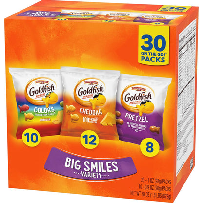 Goldfish Crackers Big Smiles Variety Pack with Cheddar, Colors, and Pretzels, Snack Packs, 30 Ct