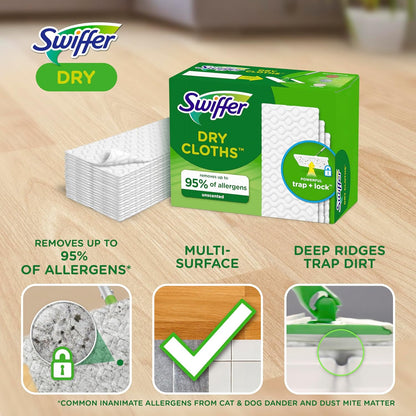 Swiffer Sweep + Mop, Dry Pads Refill, Floor Cleaner for Dirt, Dust, Hair, Cleaning Cloths for Mopping Home, Bathroom, Kitchen, Dust Mop, Floor Duster, Unscented, 52ct