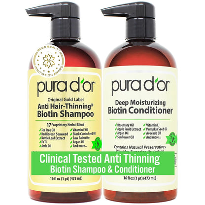 PURA D'OR Anti-Thinning Biotin Shampoo & Conditioner Original Gold Label Set (16oz x2) – CLINICALLY TESTED Formula for Volume, Strength & Thicker-Looking Hair – Helps Reduce Breakage For Women & Men