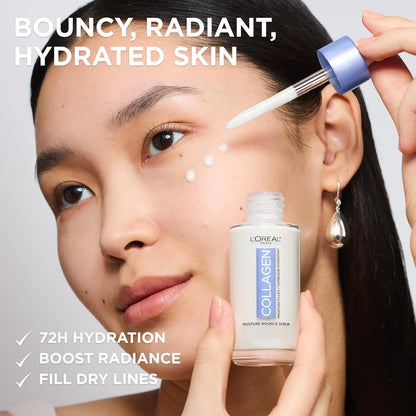 L'Oreal Paris Collagen Moisture Filler Moisture Bounce Face Serum, Glow Serum with Collagen, Glycerin, and Squalane for Bouncy, Radiant, Hydrated Skin, Includes Sample