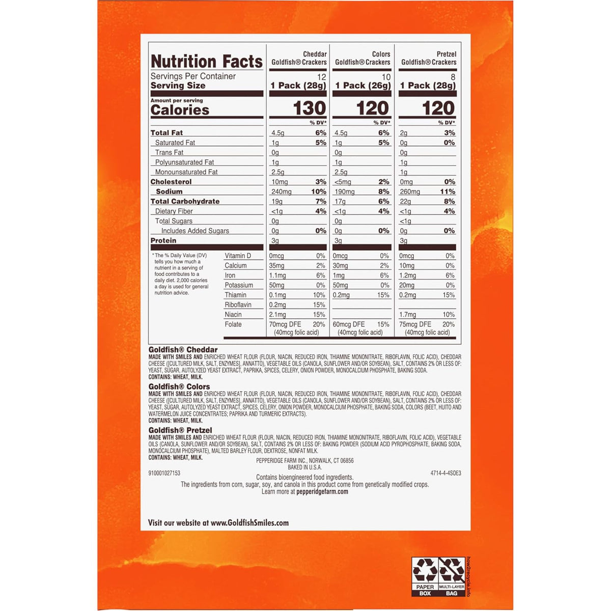 Goldfish Crackers Big Smiles Variety Pack with Cheddar, Colors, and Pretzels, Snack Packs, 30 Ct