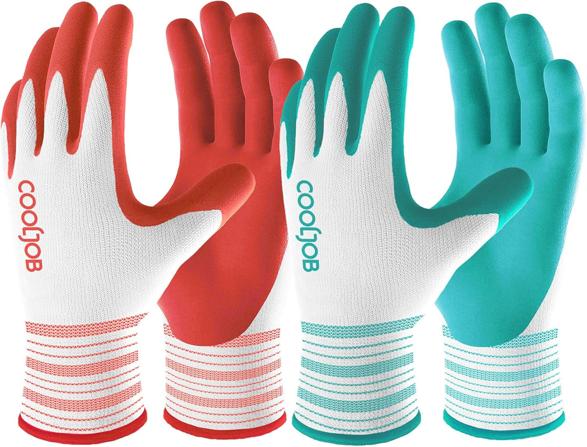 COOLJOB 2 Pairs Gardening Gloves for Women Ladies, Breathable Rubber Coated for Yard Garden, Outdoor Indoor Protective Work with Grip, Medium Size, Red & Green