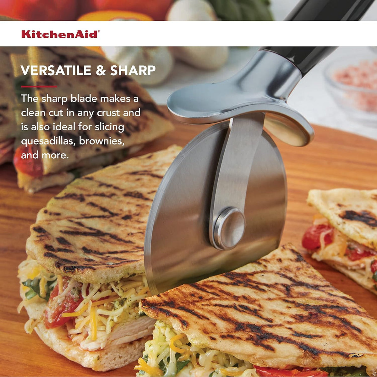 KitchenAid Classic Pizza Wheel with Sharp Blade For Cutting Through Crusts, Pies and More, Built In Finger Guard for Safety and Comfort Grip to Protect Fingers, Dishwasher Safe, 9-Inch, Black