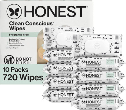 The Honest Company Baby Wipes for Sensitive Skin, Hypoallergenic, Fragrance-Free, Multi-Use, Pattern Play Design, 720 Count (8 Packs of 90)