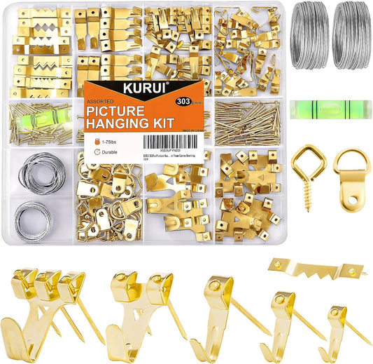 KURUI 303Pcs Picture Hanging Kit, Picture Hangers Assorted Kit with Heavy Duty Picture Hanging Hooks/Hardware Nails/Sawtooth/Wire/D Rings/Level, Metal Picture Wall Hooks for Frame Canvas Mounting