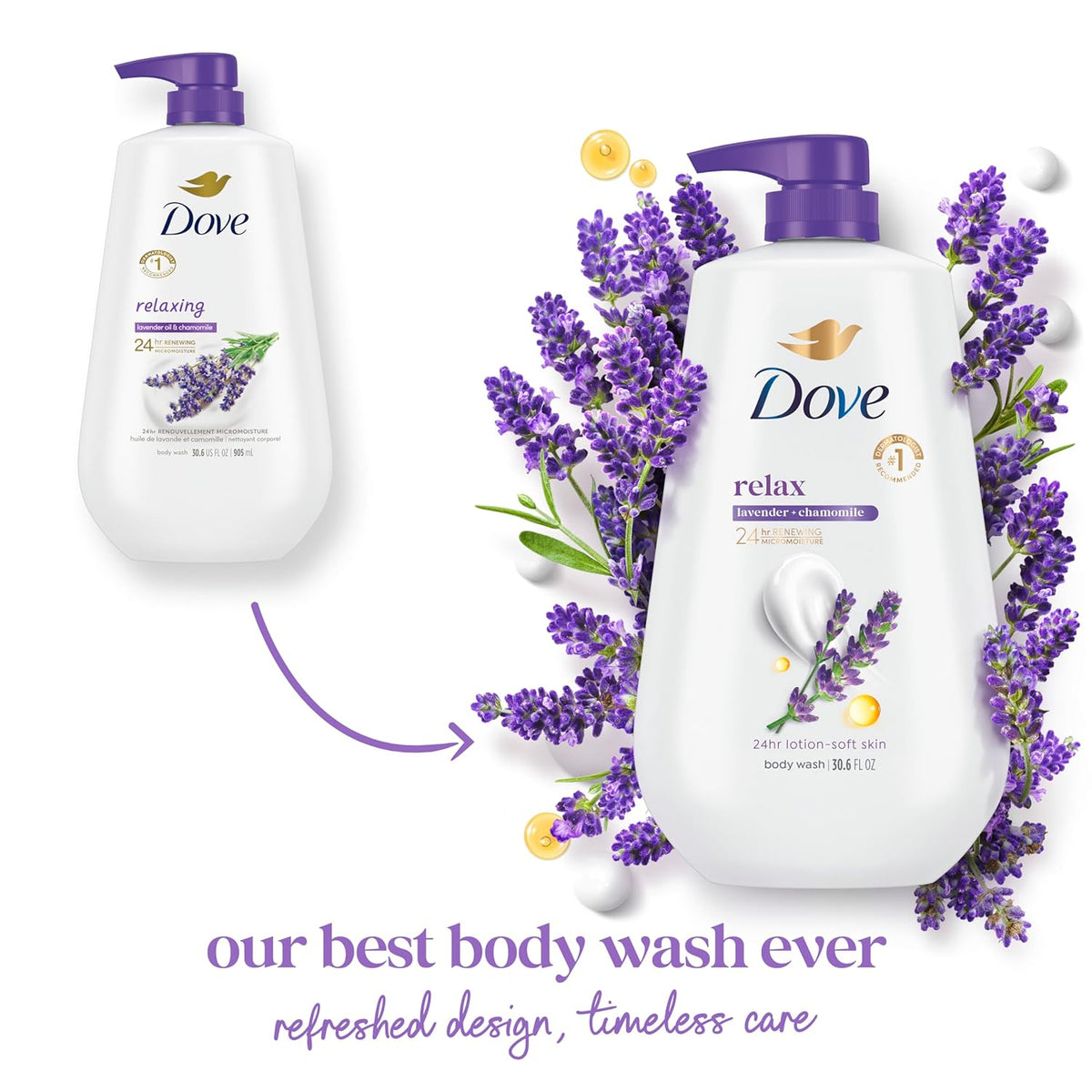 Dove Body Wash with Pump Relax Lavender Oil & Chamomile For 24hr Lotion-Soft Skin Moisturizing Skin Cleanser with No Sulfates No Parabens 30.6 Oz