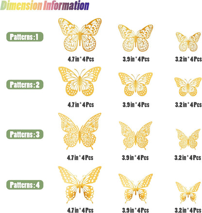 SAOROPEB 3D Butterfly Wall Decor - 48 Pcs, 4 Styles, 3 Sizes, Gold Butterfly Decorations for Birthday & Party Celebrations, Removable Stickers