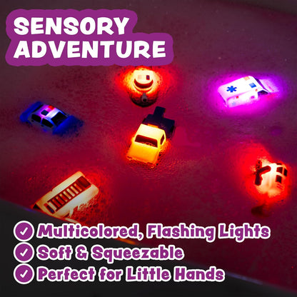 Tub Works® Emergency™ Cars Light Up Bath Toys, 6 Pack | Water-Activated Light Up Toys Flash & Change Color | Soft, Squeezable Baby & Toddler Bath Toys | Sensory Toys with Bath Lights for Kids Bath