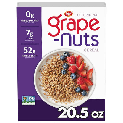 Grape-Nuts Original Cereal, Crunchy Whole Grain Wheat and Barley, Non-GMO, 20.5 oz Box