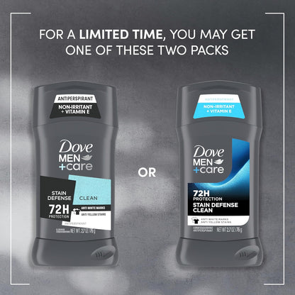 Dove Men+Care Deodorant Stick 4 Count Stain Defense Clean for Men, Anti-white Marks & Anti-yellow Stains with 72-hour Sweat and Odor Protection 2.7 oz