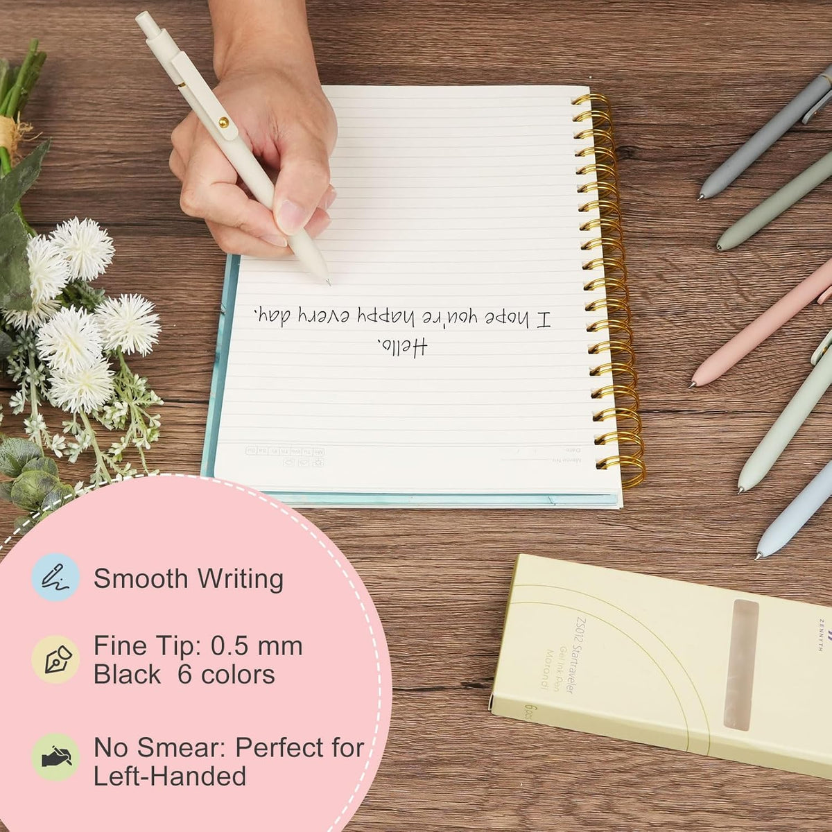 Ddaowanx Gel Pens, 6 Pcs 0.5mm Quick Dry Black Ink Pens Fine Point Smooth Writing Pens, Cute Office School Supplies Gifts for Women