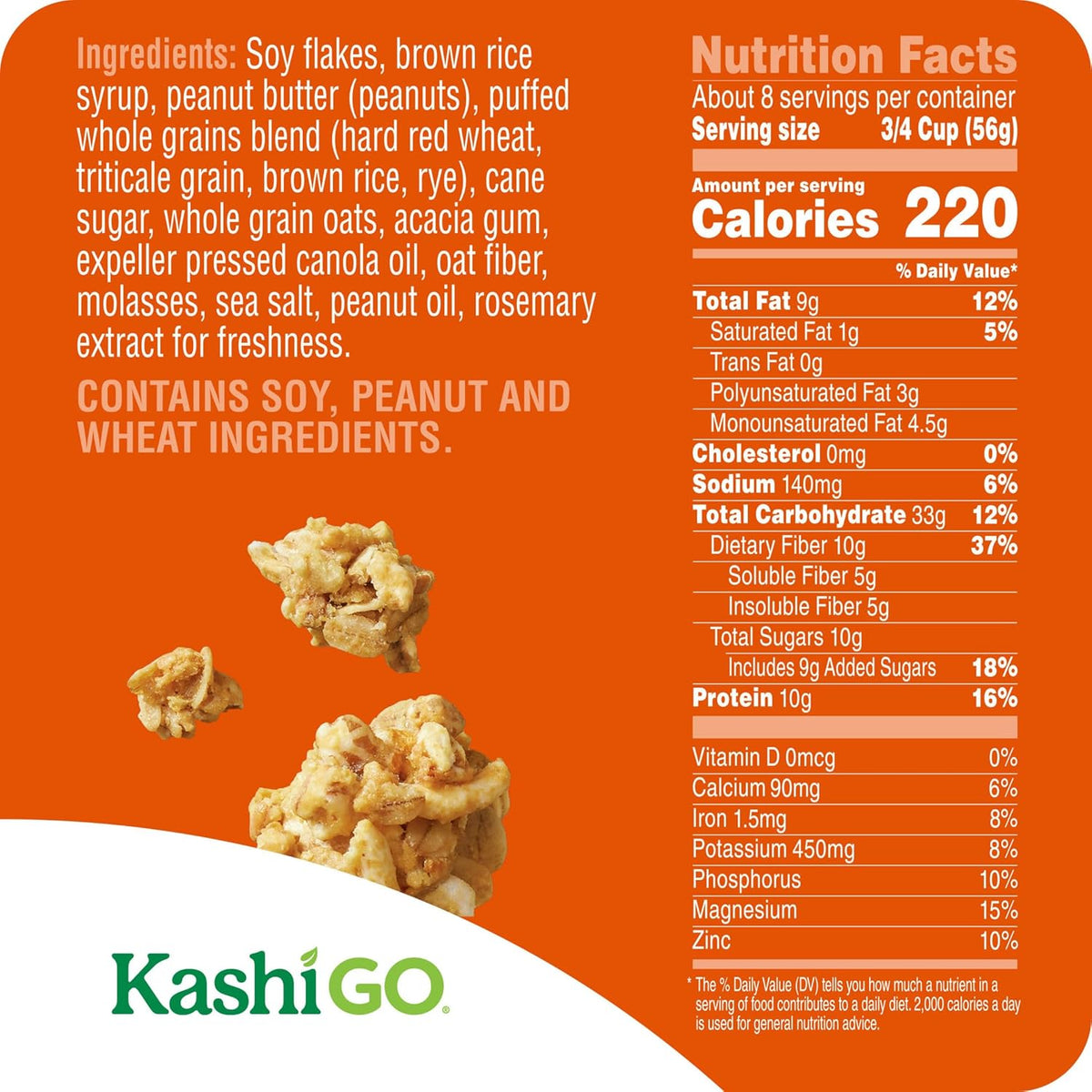 Kashi GO Protein Cereal, 10g Protein, 10g Fiber, Peanut Butter Crunch, 16.9oz Box (1 Box)