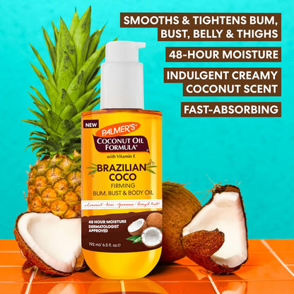 Palmer's Coconut Oil Formula Brazilian Coco Firming Body Oil with Vitamin E, 6.5 Fl Oz, Helps with Skin Tightening & Firming of Bum, Bust & Belly, Provides 48Hr Moisture, Dermatologist Approved