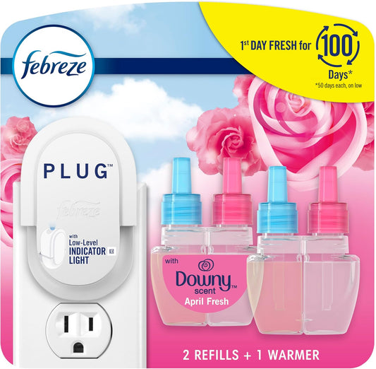 Febreze Plug-In Air Freshener, Odor-Fighting Scented Oil Starter Kit, Air Fresheners for Home and Bathroom and Kitchen, Long Lasting for Strong Odors, Downy April Fresh Scent, Warmer + 2 Refill