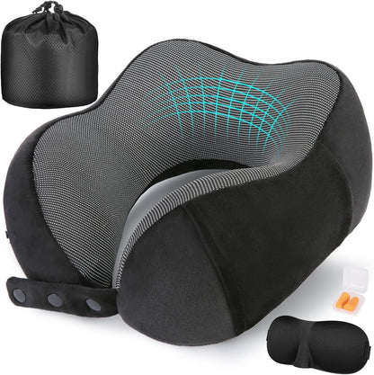 Cirorld Neck Pillow for Traveling, Travel Pillows for Airplanes,100% Pure Memory Foam Travel Neck Pillow, Adjustable Flight Pillow, Portable Plane Accessories with Eye Mask, Earplugs, Carry Bag