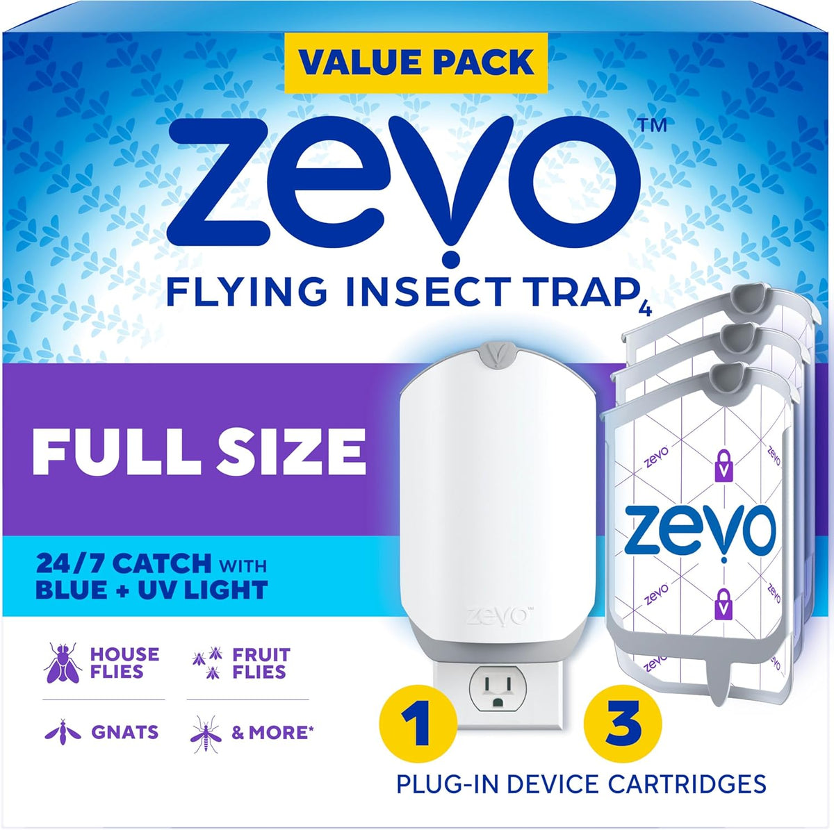 Zevo Flying Insect Trap & 3 Refill Cartridges - Plug in Fly Trap & Indoor Bug Catcher for Gnats, House & Fruit Flies - Blue & UV Light Technology, Mess-Free Alternative to Bug Zapper