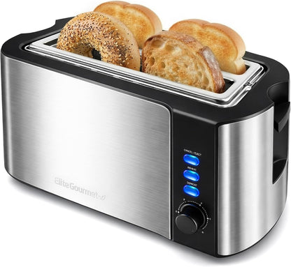 Elite Gourmet ECT-3100 4-Slice Long Slot Toaster | Extra Wide Slots for Bagels, Sourdough & Texas Toast | 6 Browning Settings | Reheat, Defrost & Cancel | Built-In Warming Rack | Stainless Steel